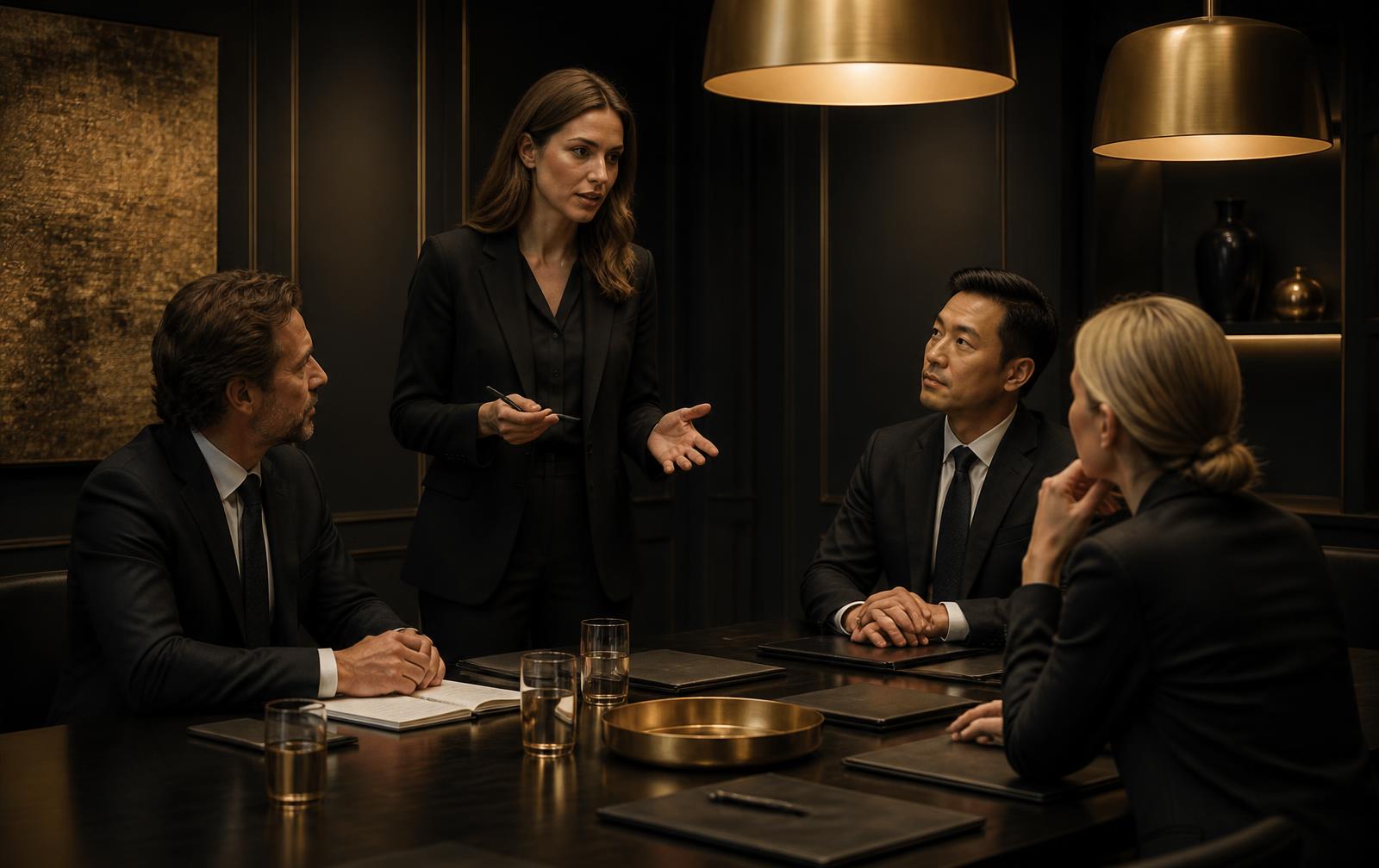 Professional colleagues coordinating administrative schedules around a meeting-room table