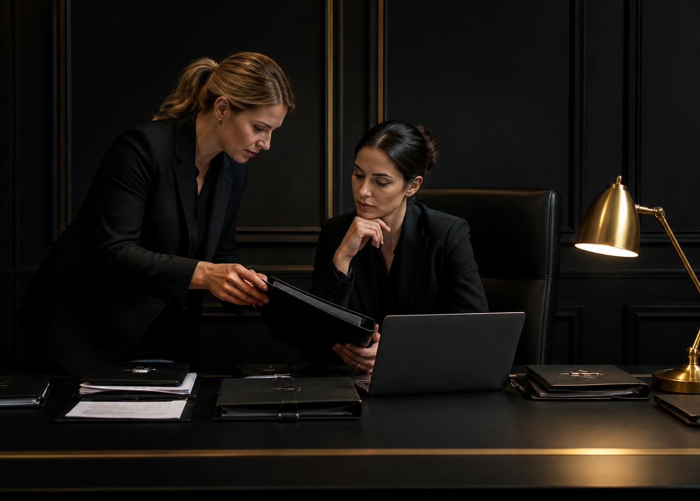 Two administrators reviewing document folders together in a panelled office